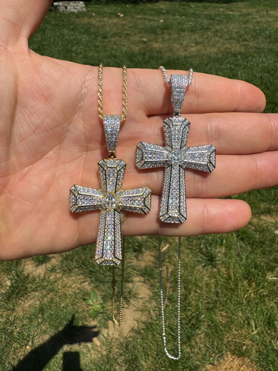 MOISSANITE Iced Out Spiritual Cross  Pendant - 14k Gold Vermeil or 925 Silver - Large 2.5"