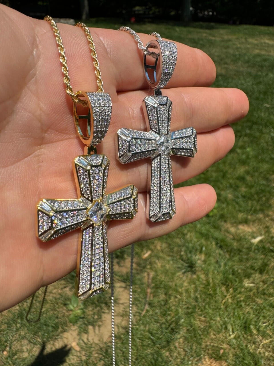 MOISSANITE Iced Out Spiritual Cross  Pendant - 14k Gold Vermeil or 925 Silver - Large 2.5"