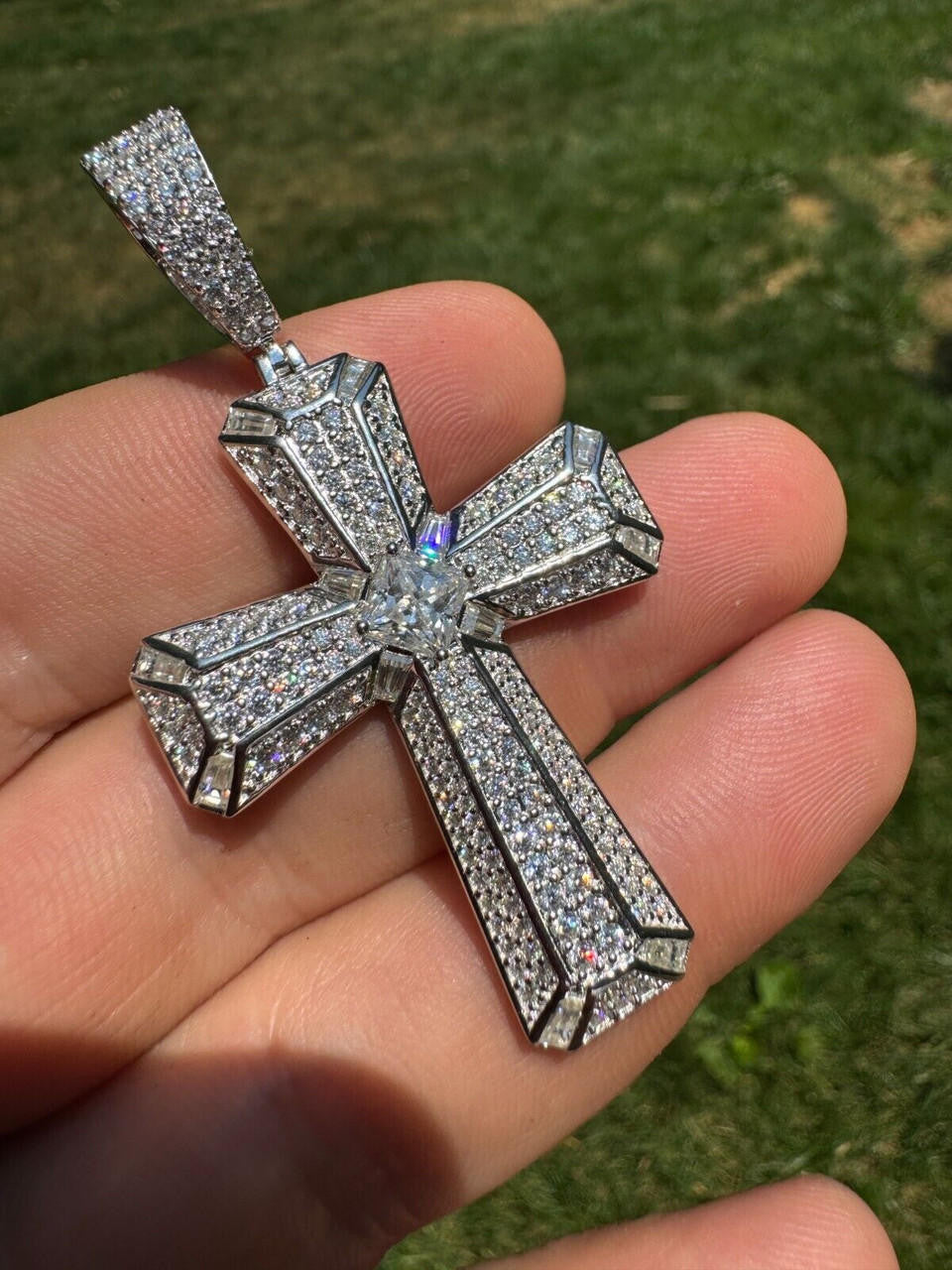 MOISSANITE Iced Out Spiritual Cross  Pendant - 14k Gold Vermeil or 925 Silver - Large 2.5"