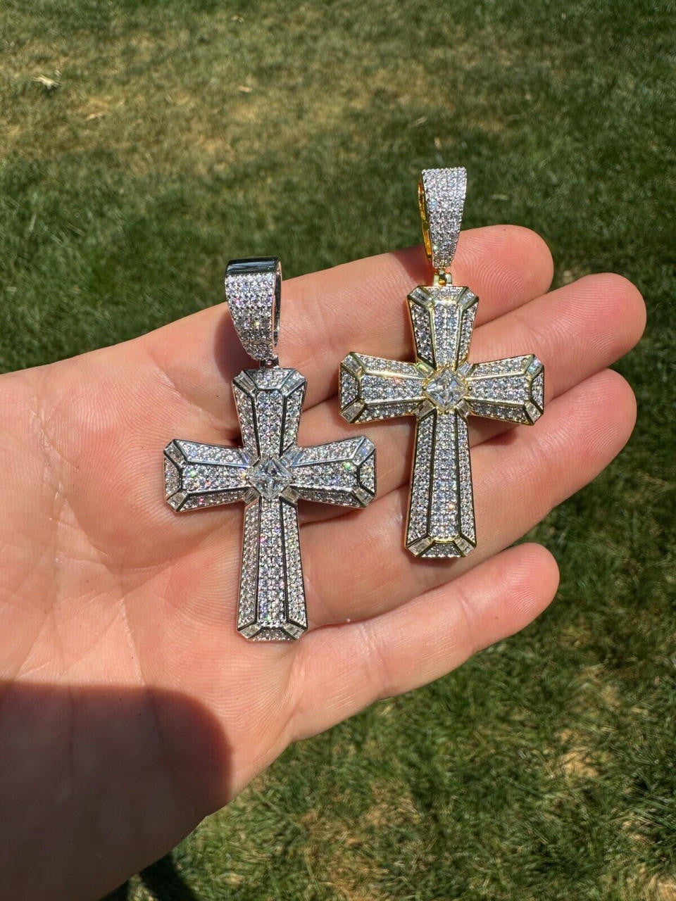 MOISSANITE Iced Out Spiritual Cross  Pendant - 14k Gold Vermeil or 925 Silver - Large 2.5"