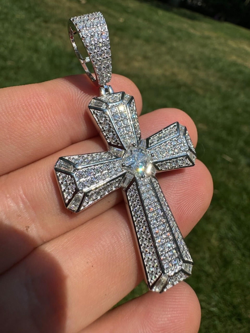 MOISSANITE Iced Out Spiritual Cross  Pendant - 14k Gold Vermeil or 925 Silver - Large 2.5"