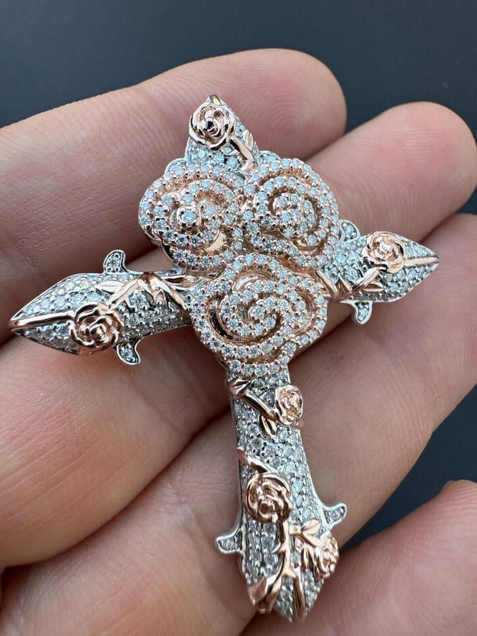MOISSANITE Crown of Thorns Cross Pendant - 14k Yellow/Rose Gold Vermeil Or 925 Silver  -  Medium 2"