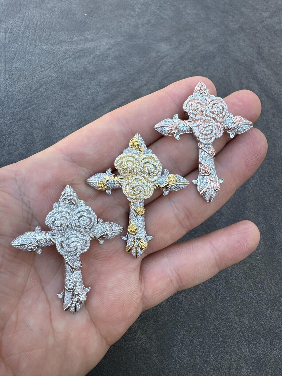 MOISSANITE Crown of Thorns Cross Pendant - 14k Yellow/Rose Gold Vermeil Or 925 Silver  -  Medium 2"