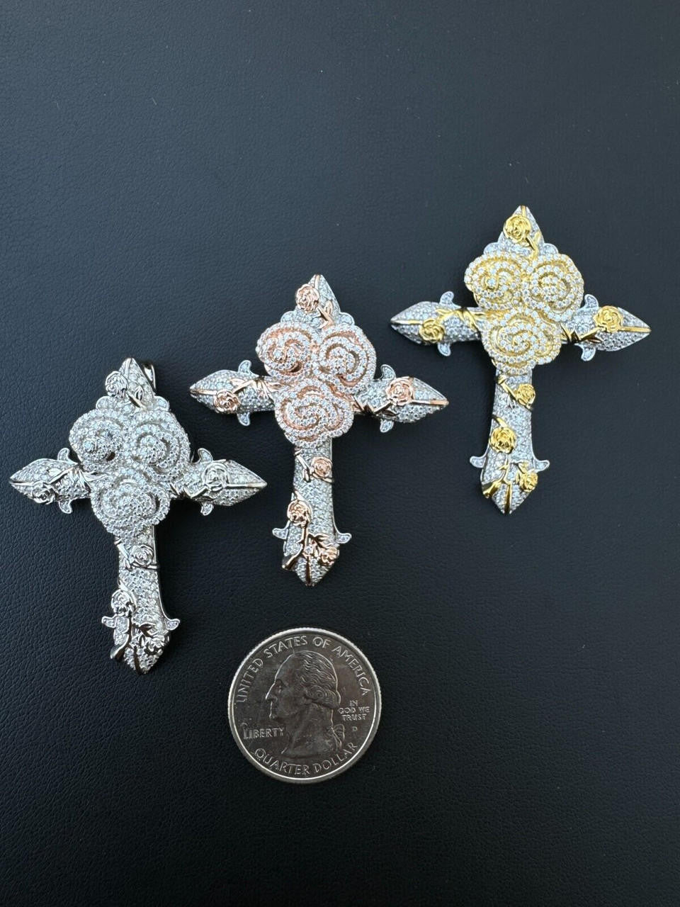 MOISSANITE Crown of Thorns Cross Pendant - 14k Yellow/Rose Gold Vermeil Or 925 Silver  -  Medium 2"