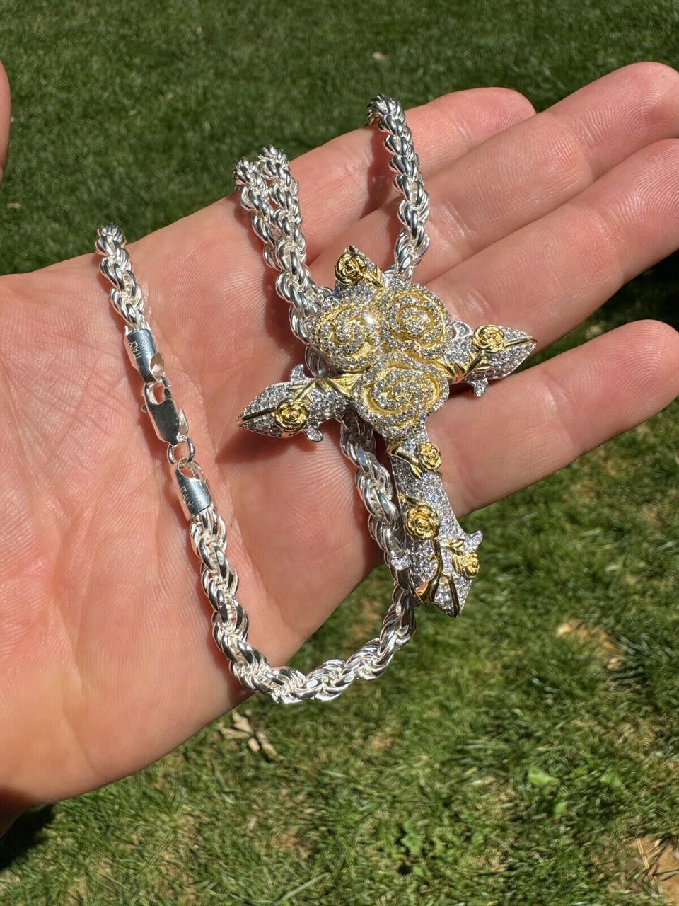 MOISSANITE Crown of Thorns Cross Pendant - 14k Gold Vermeil 925 Silver  - 3 Sizes 1.5"-2.5"