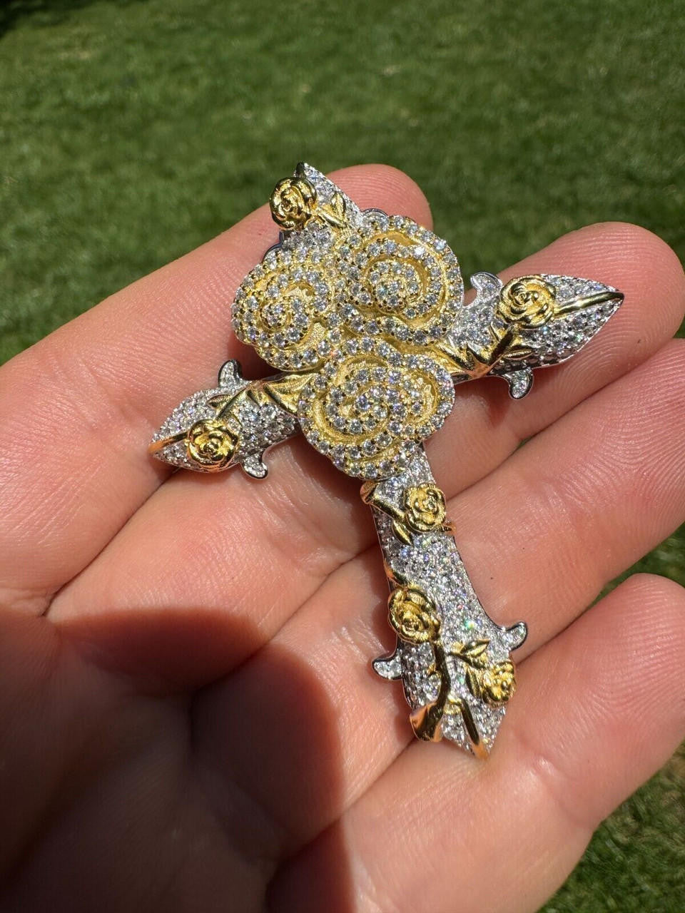 MOISSANITE Crown of Thorns Cross Pendant - 14k Gold Vermeil 925 Silver  - 3 Sizes 1.5"-2.5"
