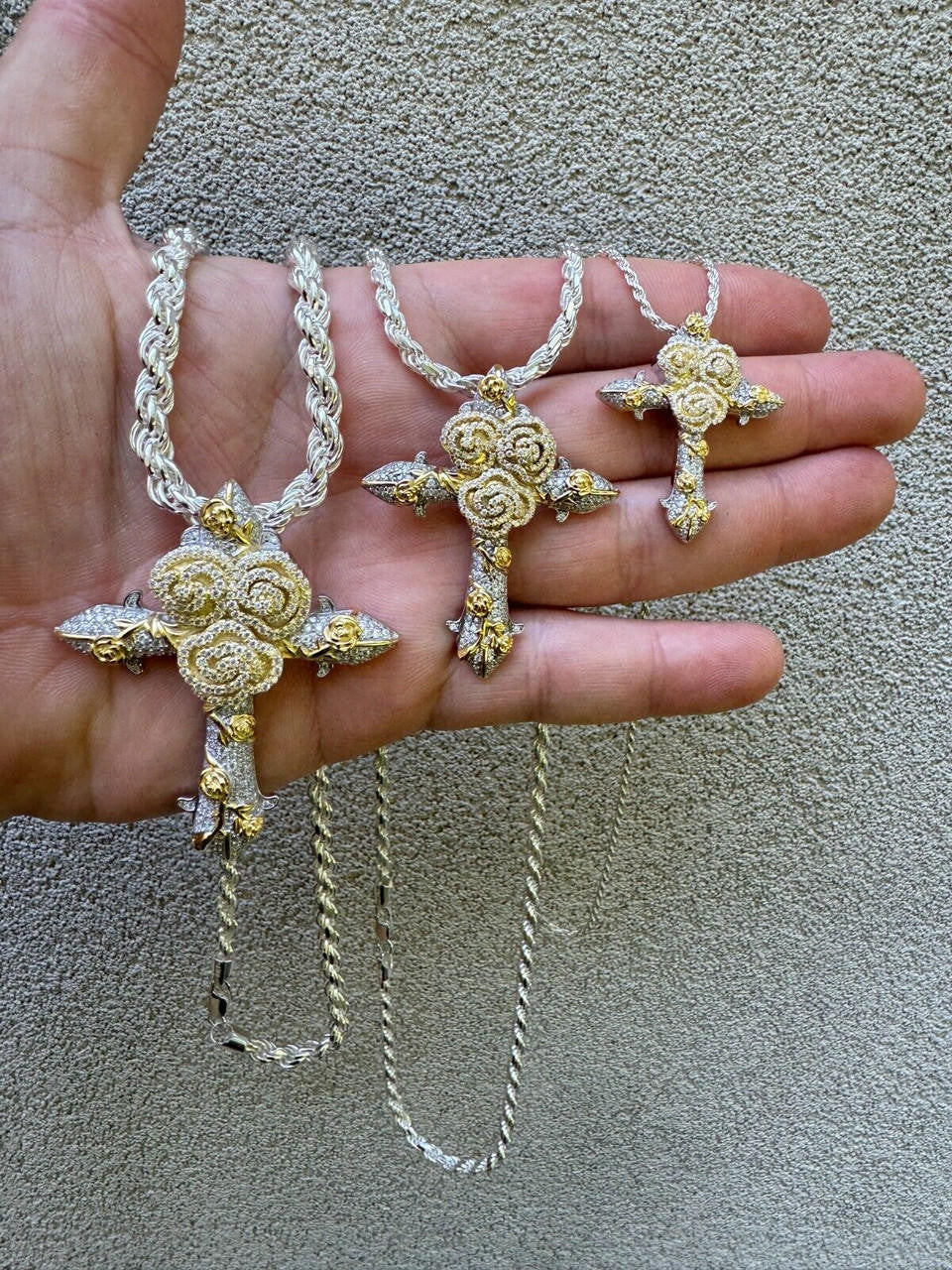 MOISSANITE Crown of Thorns Cross Pendant - 14k Gold Vermeil 925 Silver  - 3 Sizes 1.5"-2.5"