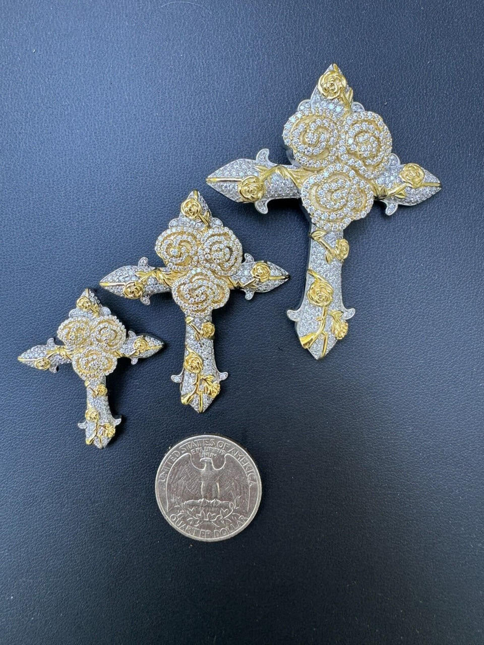 MOISSANITE Crown of Thorns Cross Pendant - 14k Gold Vermeil 925 Silver  - 3 Sizes 1.5"-2.5"
