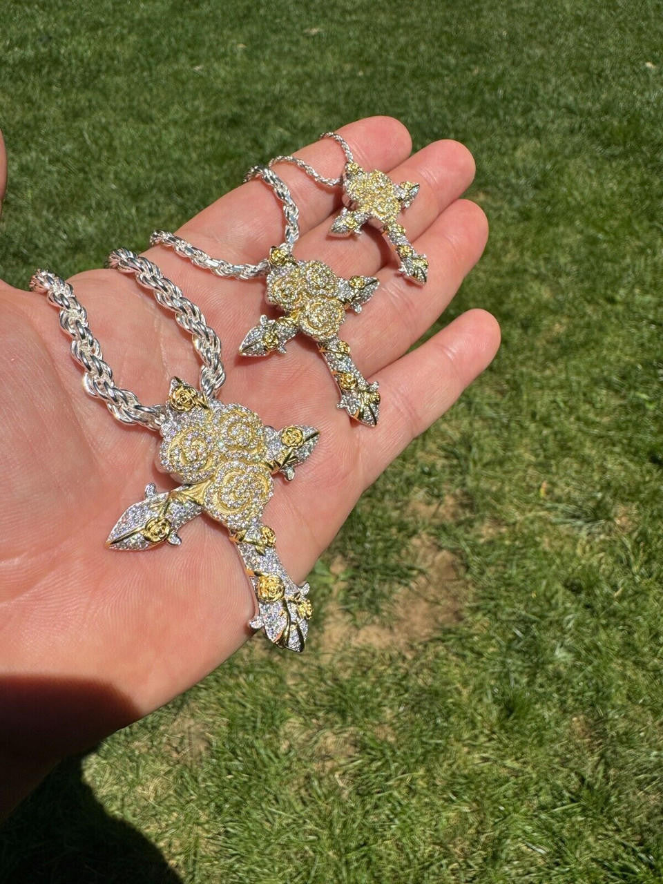 MOISSANITE Crown of Thorns Cross Pendant - 14k Gold Vermeil 925 Silver  - 3 Sizes 1.5"-2.5"