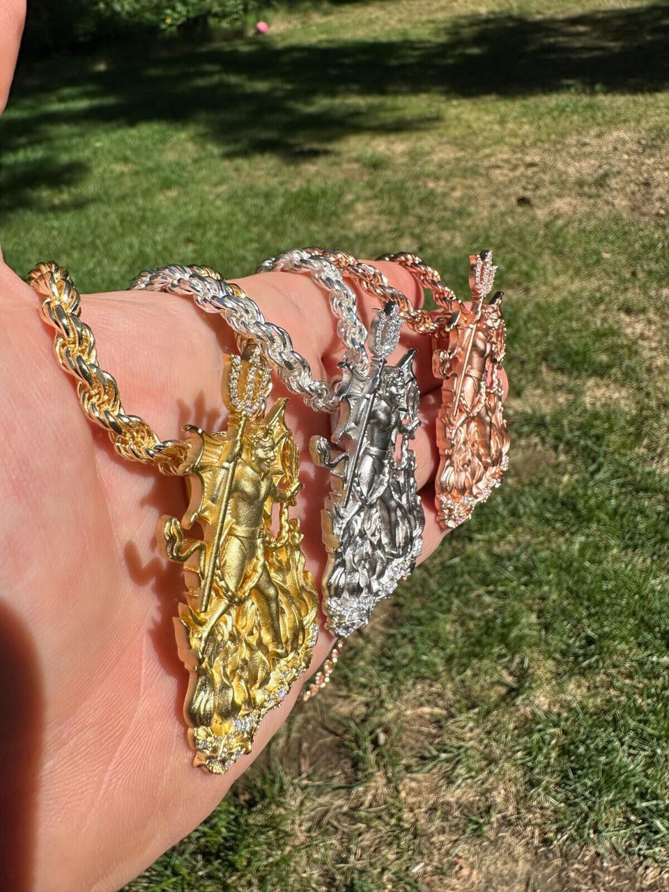MOISSANITE Devil Satan Pendant - Iced Diablo Demon - 14k Yellow/Rose Gold Vermeil Or 925 Silver  - Large 2.5"