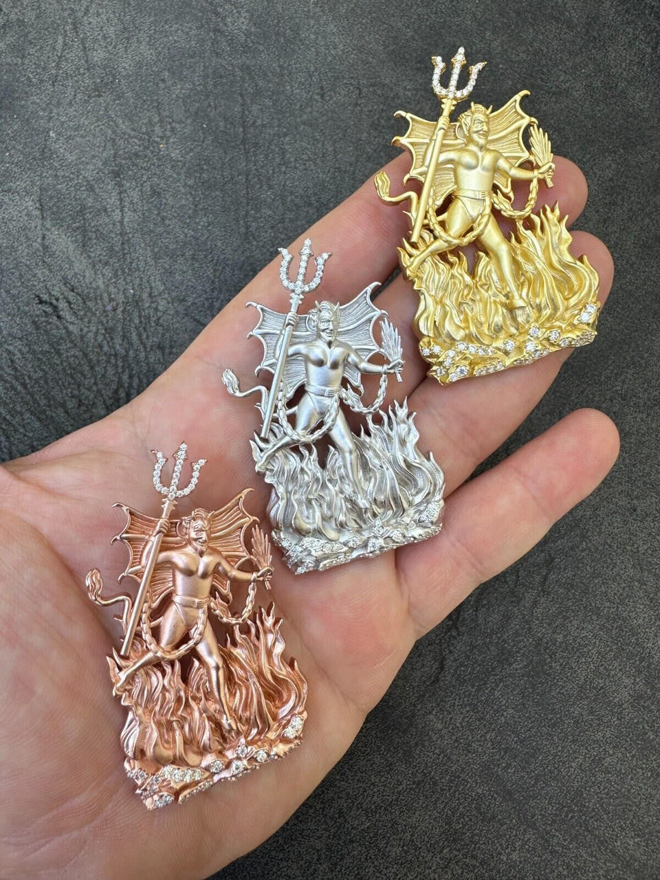 MOISSANITE Devil Satan Pendant - Iced Diablo Demon - 14k Yellow/Rose Gold Vermeil Or 925 Silver  - Large 2.5"