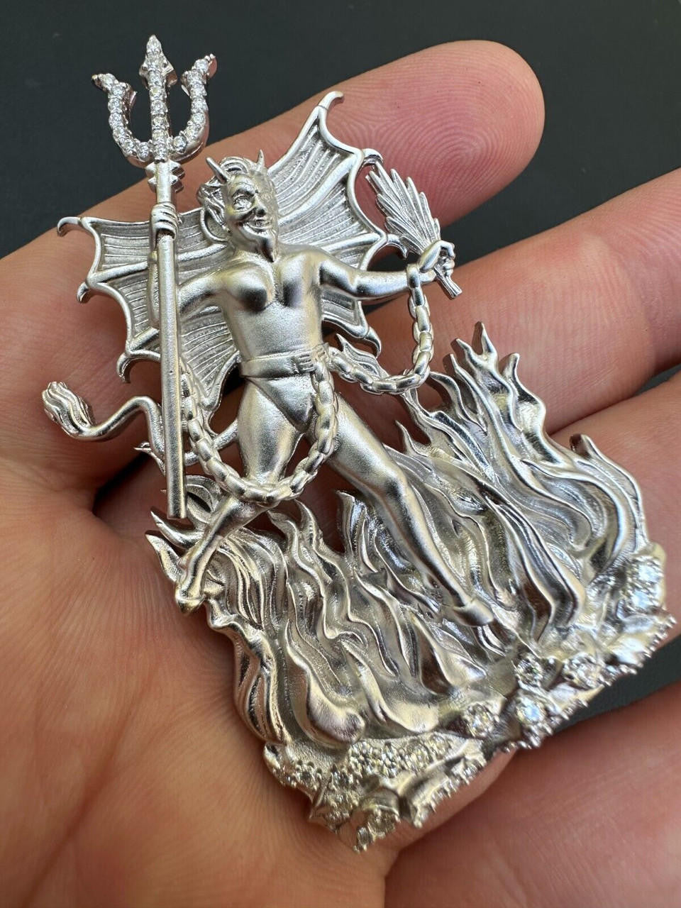MOISSANITE Devil Satan Pendant - Iced Diablo Demon - 14k Yellow/Rose Gold Vermeil Or 925 Silver  - Large 2.5"