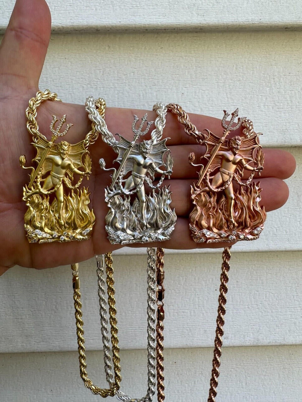 MOISSANITE Devil Satan Pendant - Iced Diablo Demon - 14k Yellow/Rose Gold Vermeil Or 925 Silver  - Large 2.5"