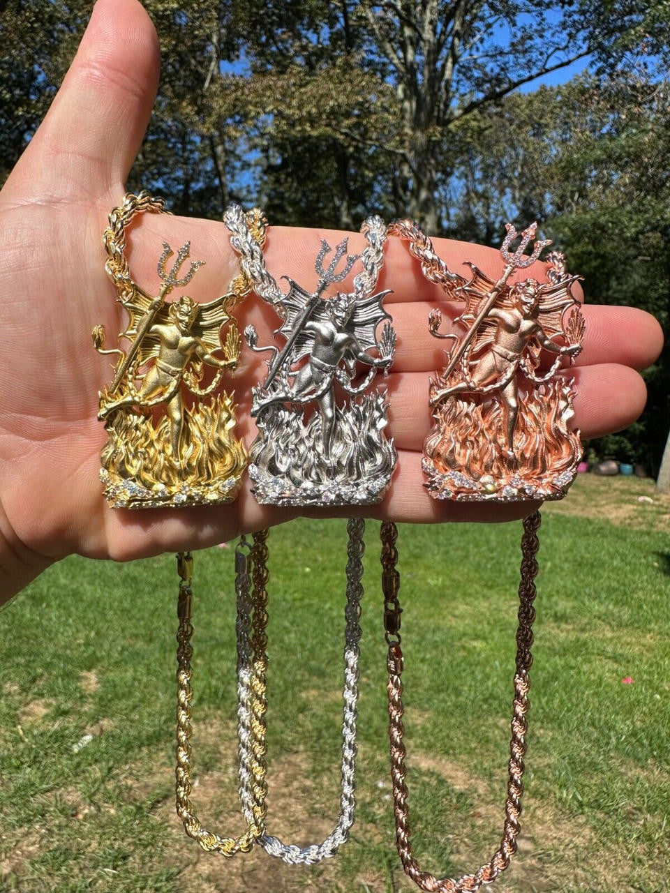 MOISSANITE Devil Satan Pendant - Iced Diablo Demon - 14k Yellow/Rose Gold Vermeil Or 925 Silver  - Large 2.5"
