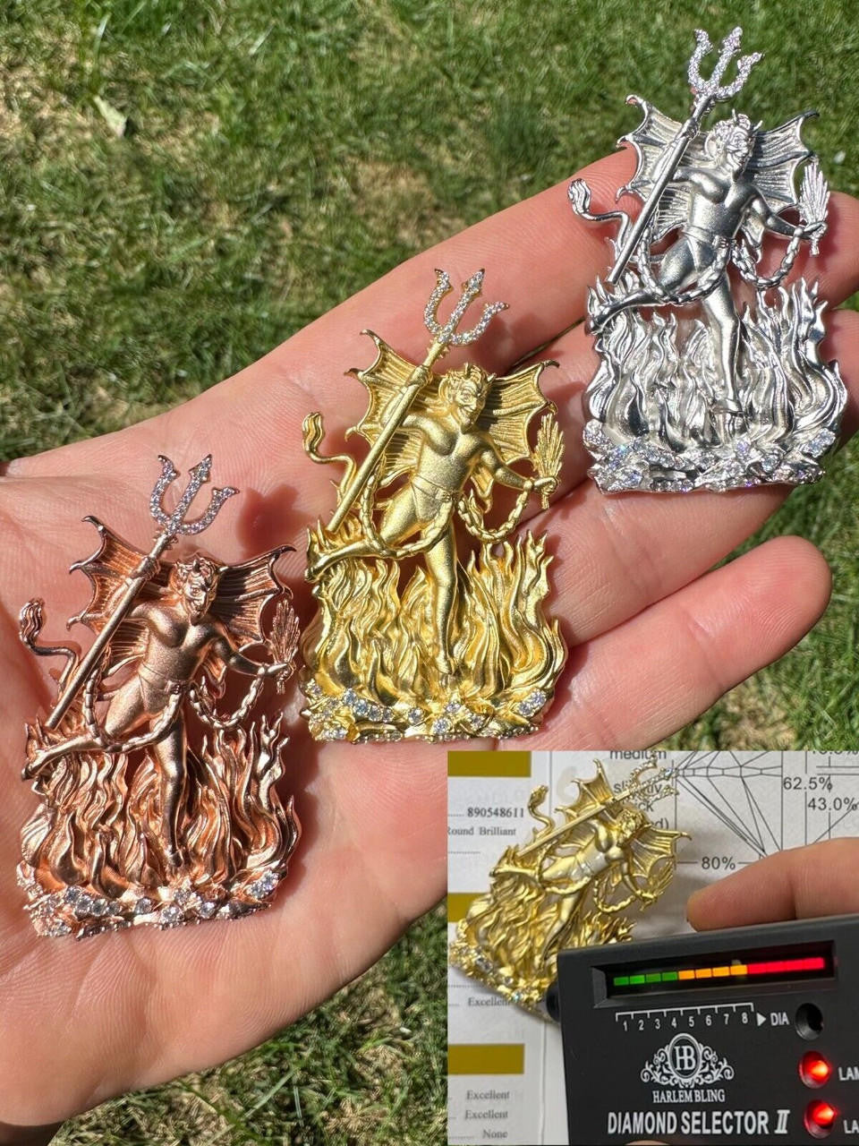 MOISSANITE Devil Satan Pendant - Iced Diablo Demon - 14k Yellow/Rose Gold Vermeil Or 925 Silver  - Large 2.5"
