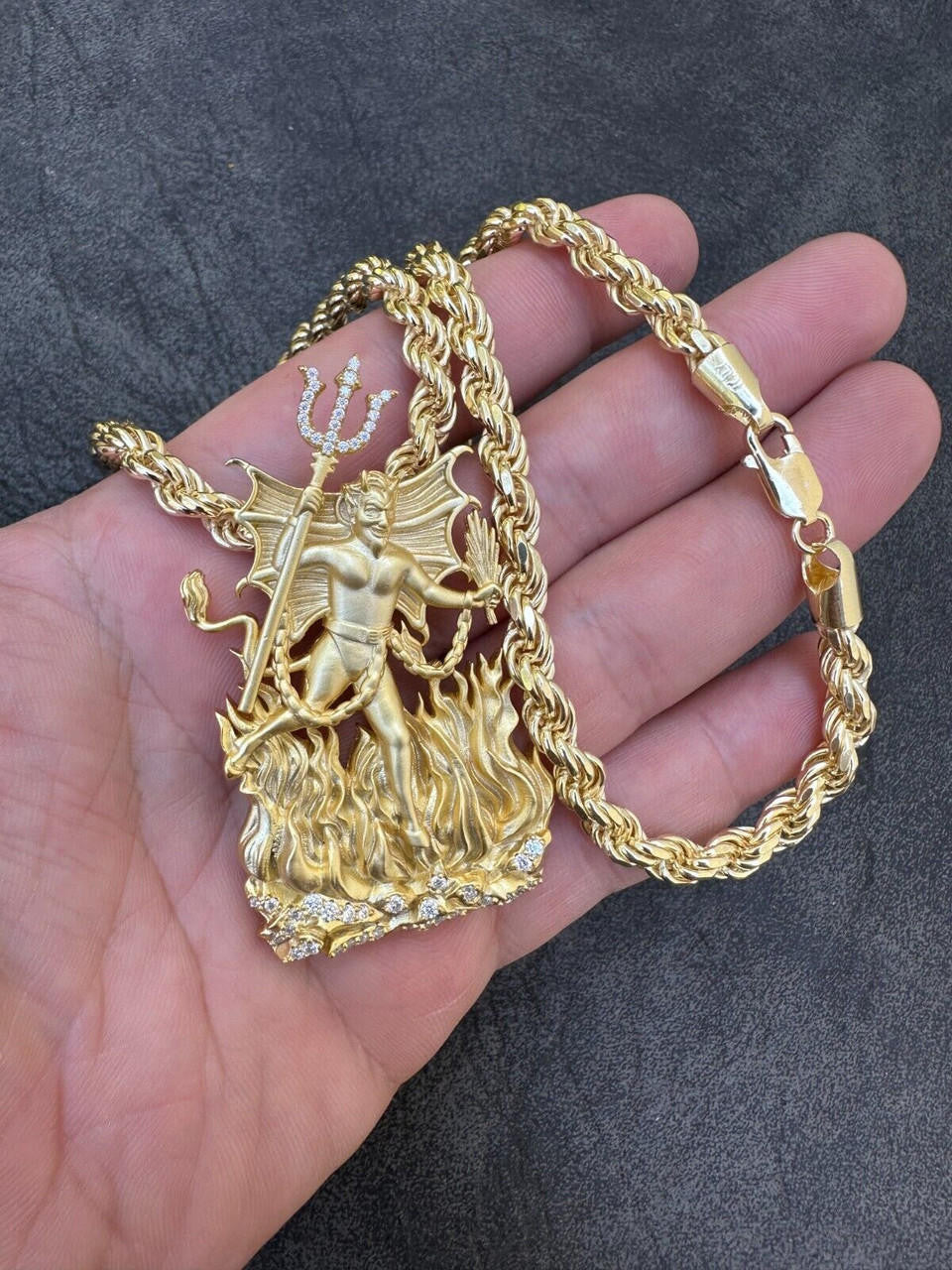 MOISSANITE Devil Satan Pendant - Iced Diablo Demon - 14k Yellow/Rose Gold Vermeil Or 925 Silver  - Large 2.5"