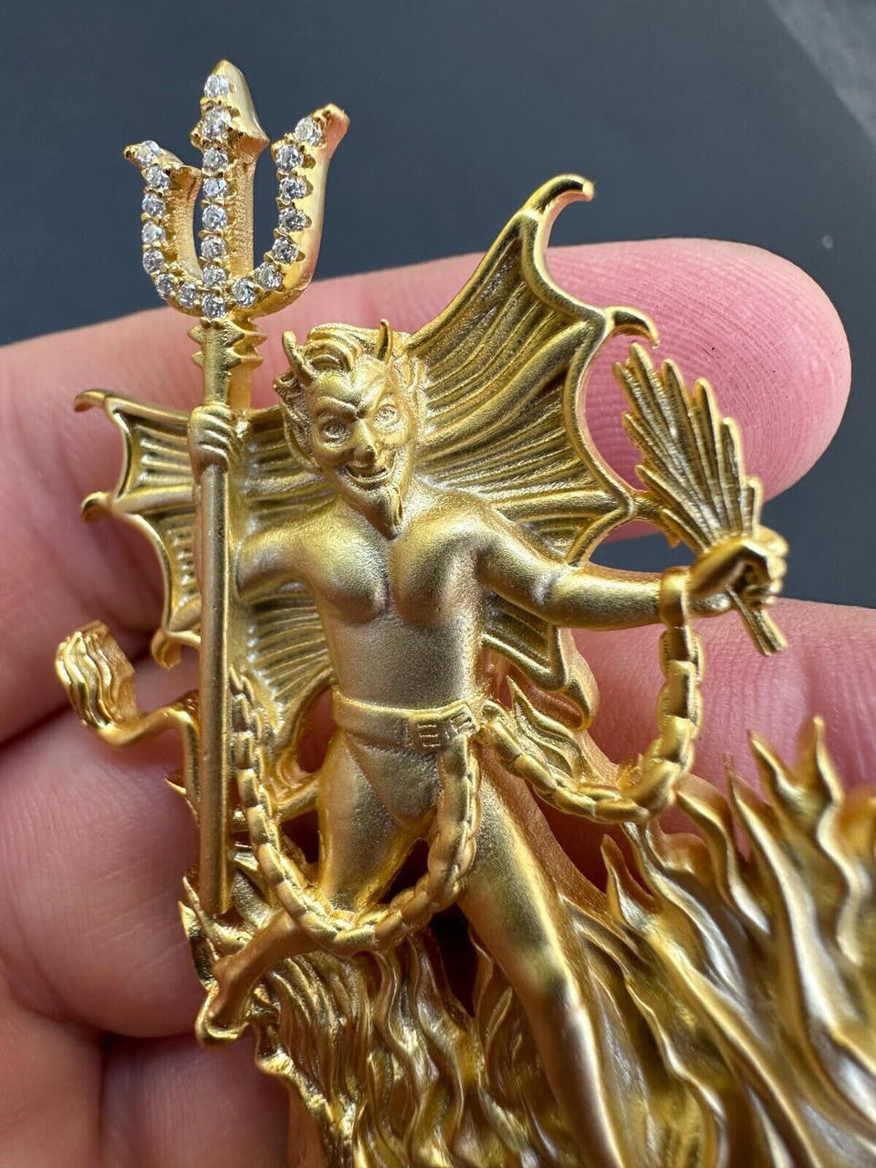 MOISSANITE Devil Satan Pendant - Iced Diablo Demon - 14k Yellow/Rose Gold Vermeil Or 925 Silver  - Large 2.5"