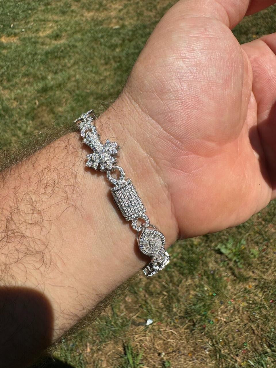 MOISSANITE Eternity Evil Eye Gothic Cross Link Bracelet Iced Out - 925 Silver - 14mm - 7.5"-8.5"