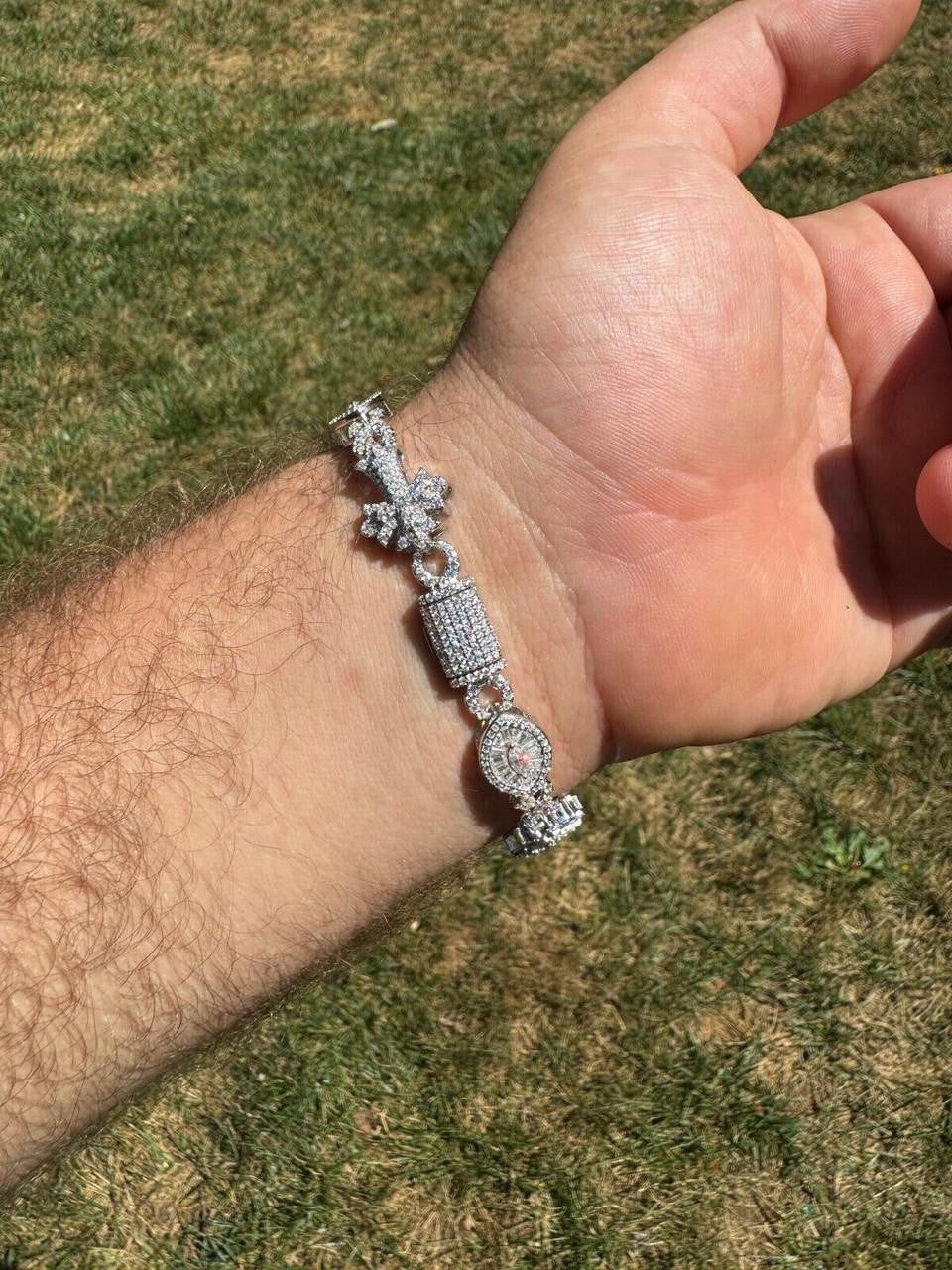 MOISSANITE Eternity Evil Eye Gothic Cross Link Bracelet Iced Out - 925 Silver - 14mm - 7.5"-8.5"