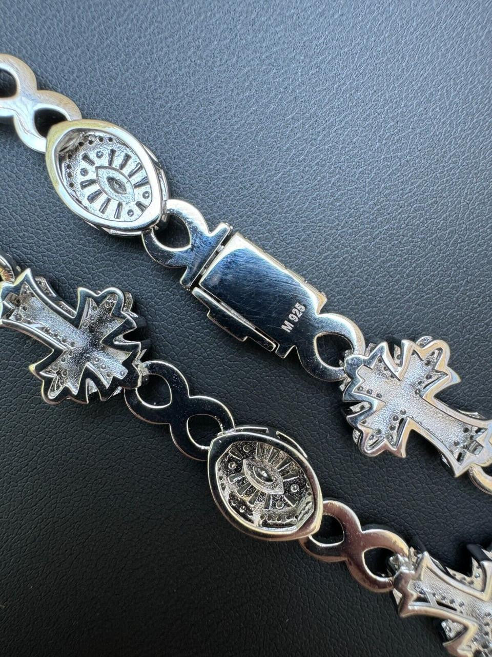MOISSANITE Eternity Evil Eye Gothic Cross Link Bracelet Iced Out - 925 Silver - 14mm - 7.5"-8.5"