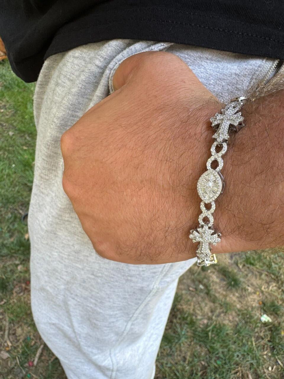 MOISSANITE Eternity Evil Eye Gothic Cross Link Bracelet Iced Out - 925 Silver - 14mm - 7.5"-8.5"