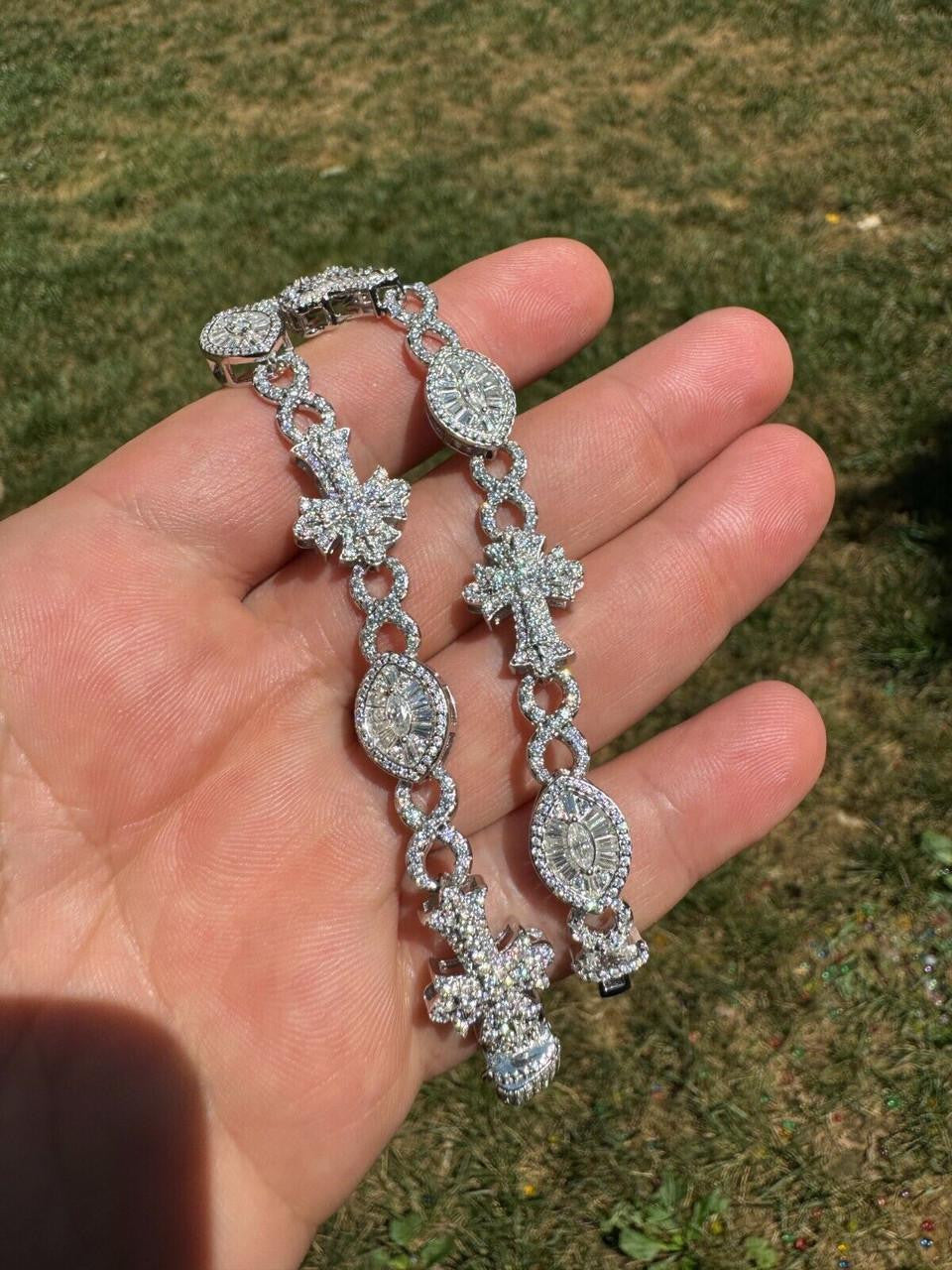 MOISSANITE Eternity Evil Eye Gothic Cross Link Bracelet Iced Out - 925 Silver - 14mm - 7.5"-8.5"