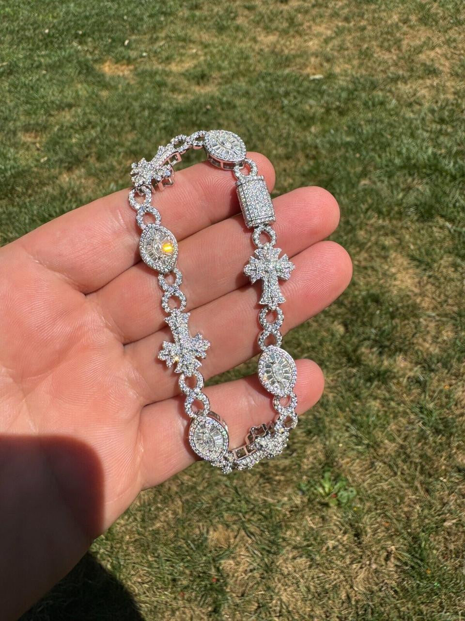 MOISSANITE Eternity Evil Eye Gothic Cross Link Bracelet Iced Out - 925 Silver - 14mm - 7.5"-8.5"