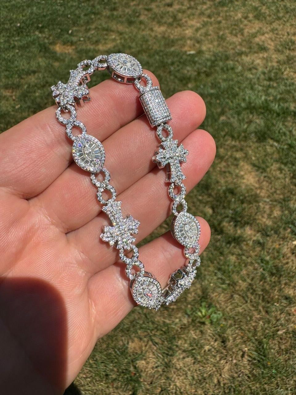 MOISSANITE Eternity Evil Eye Gothic Cross Link Bracelet Iced Out - 925 Silver - 14mm - 7.5"-8.5"