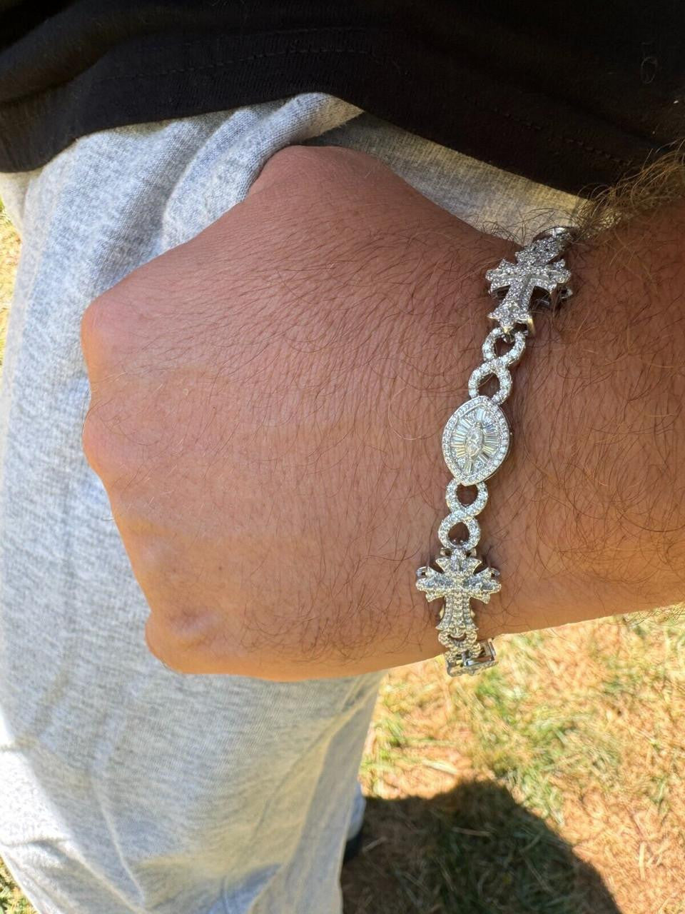 MOISSANITE Eternity Evil Eye Gothic Cross Link Bracelet Iced Out - 925 Silver - 14mm - 7.5"-8.5"