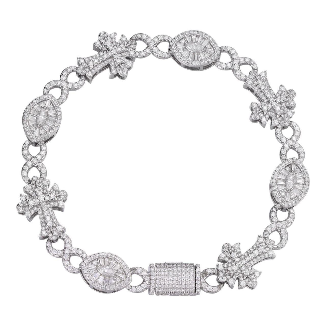 MOISSANITE Eternity Evil Eye Gothic Cross Link Bracelet Iced Out - 925 Silver - 14mm - 7.5"-8.5"