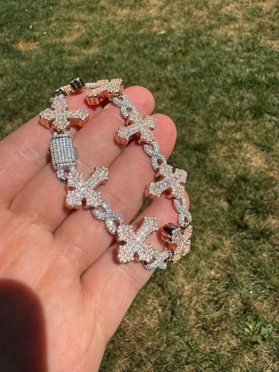MOISSANITE Eternity Gothic Cross Link Bracelet Iced Out - 14k Rose Gold Vermeil & 925 Silver - 20mm - 6.25"-8.25"