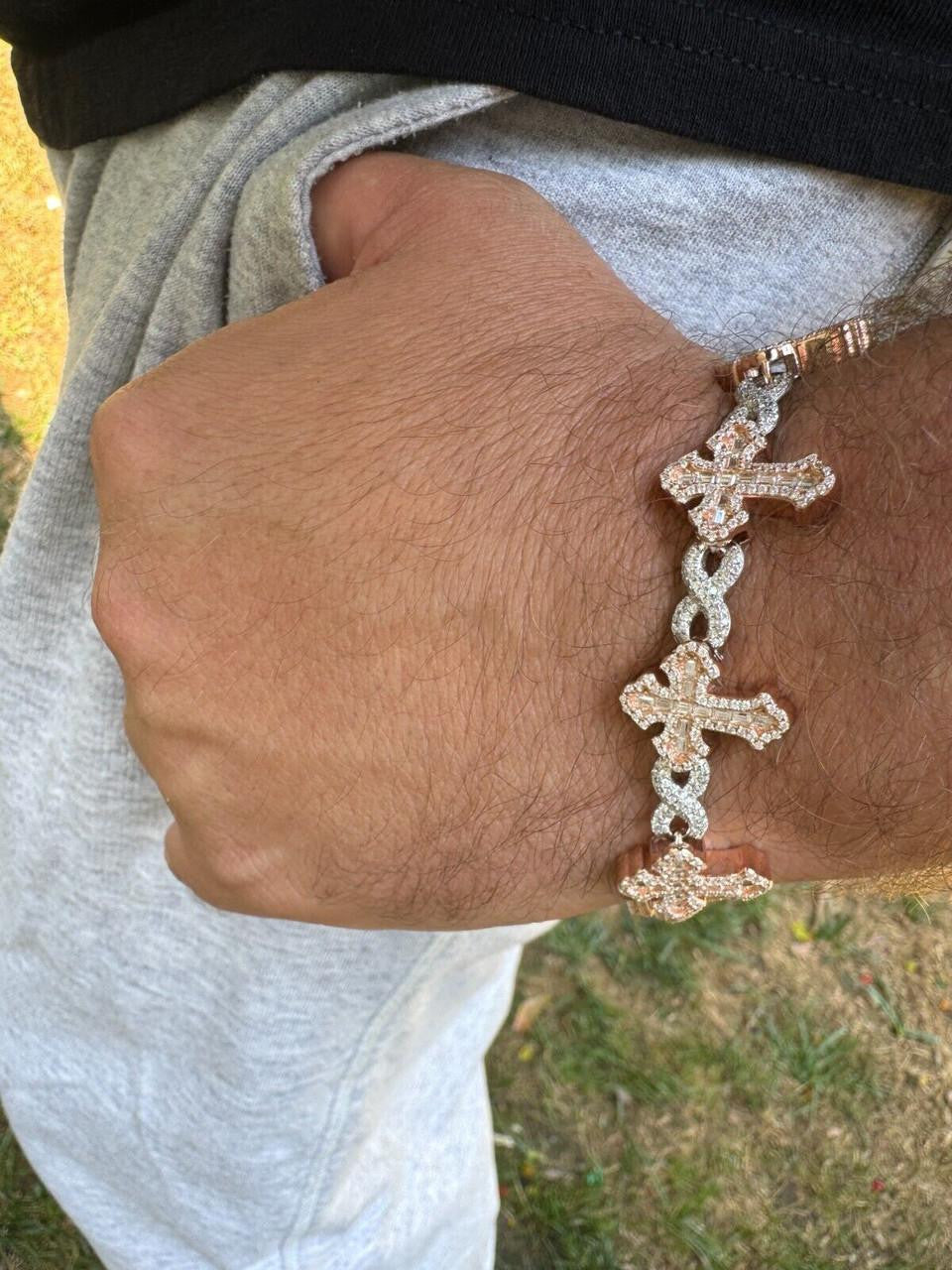 MOISSANITE Eternity Gothic Cross Link Bracelet Iced Out - 14k Rose Gold Vermeil & 925 Silver - 20mm - 6.25"-8.25"
