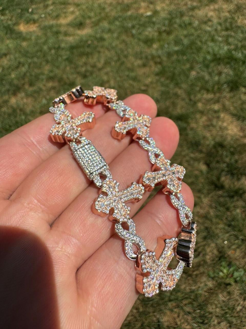 MOISSANITE Eternity Gothic Cross Link Bracelet Iced Out - 14k Rose Gold Vermeil & 925 Silver - 20mm - 6.25"-8.25"