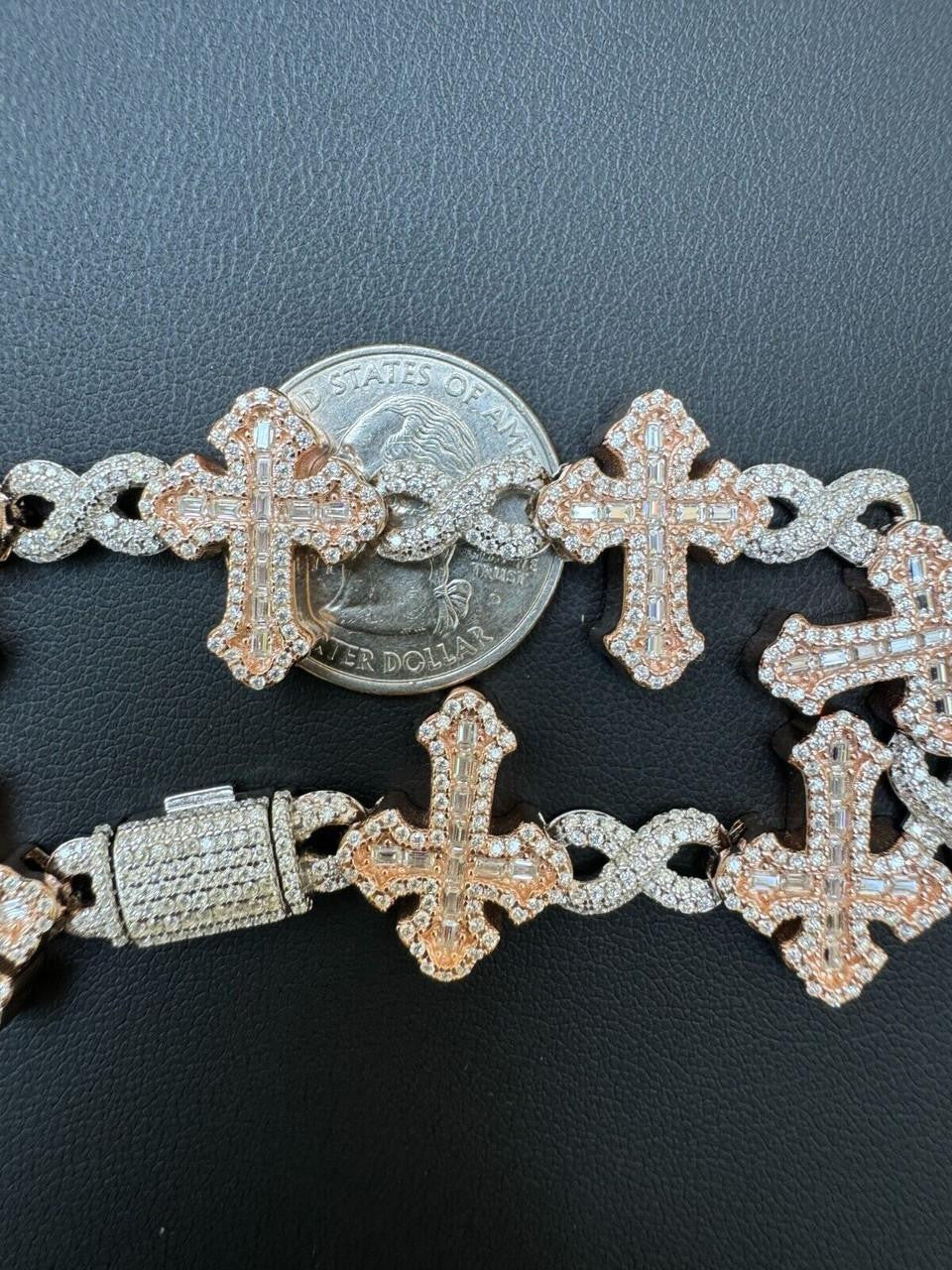 MOISSANITE Eternity Gothic Cross Link Bracelet Iced Out - 14k Rose Gold Vermeil & 925 Silver - 20mm - 6.25"-8.25"