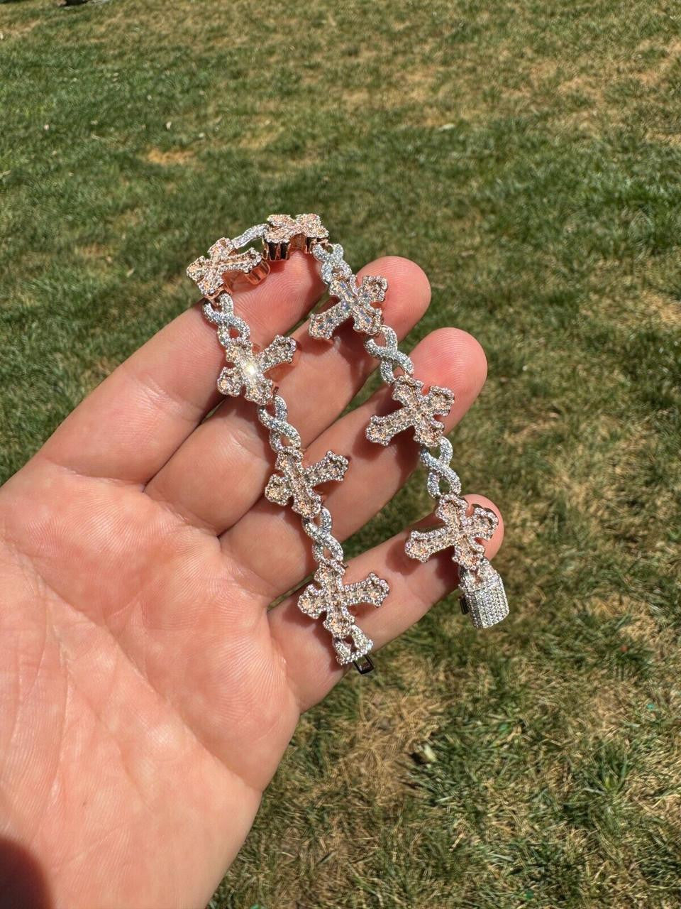 MOISSANITE Eternity Gothic Cross Link Bracelet Iced Out - 14k Rose Gold Vermeil & 925 Silver - 20mm - 6.25"-8.25"