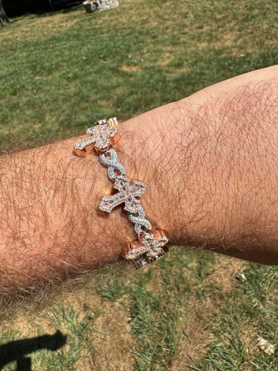 MOISSANITE Eternity Gothic Cross Link Bracelet Iced Out - 14k Rose Gold Vermeil & 925 Silver - 20mm - 6.25"-8.25"