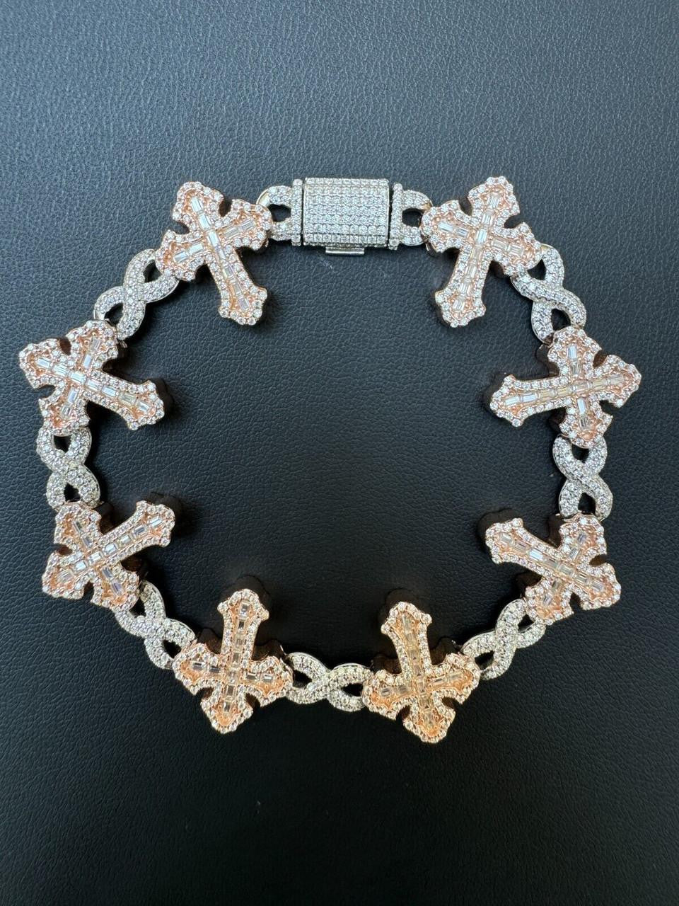 MOISSANITE Eternity Gothic Cross Link Bracelet Iced Out - 14k Rose Gold Vermeil & 925 Silver - 20mm - 6.25"-8.25"