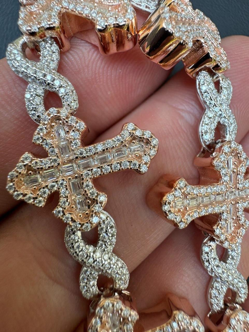 MOISSANITE Eternity Gothic Cross Link Bracelet Iced Out - 14k Rose Gold Vermeil & 925 Silver - 20mm - 6.25"-8.25"