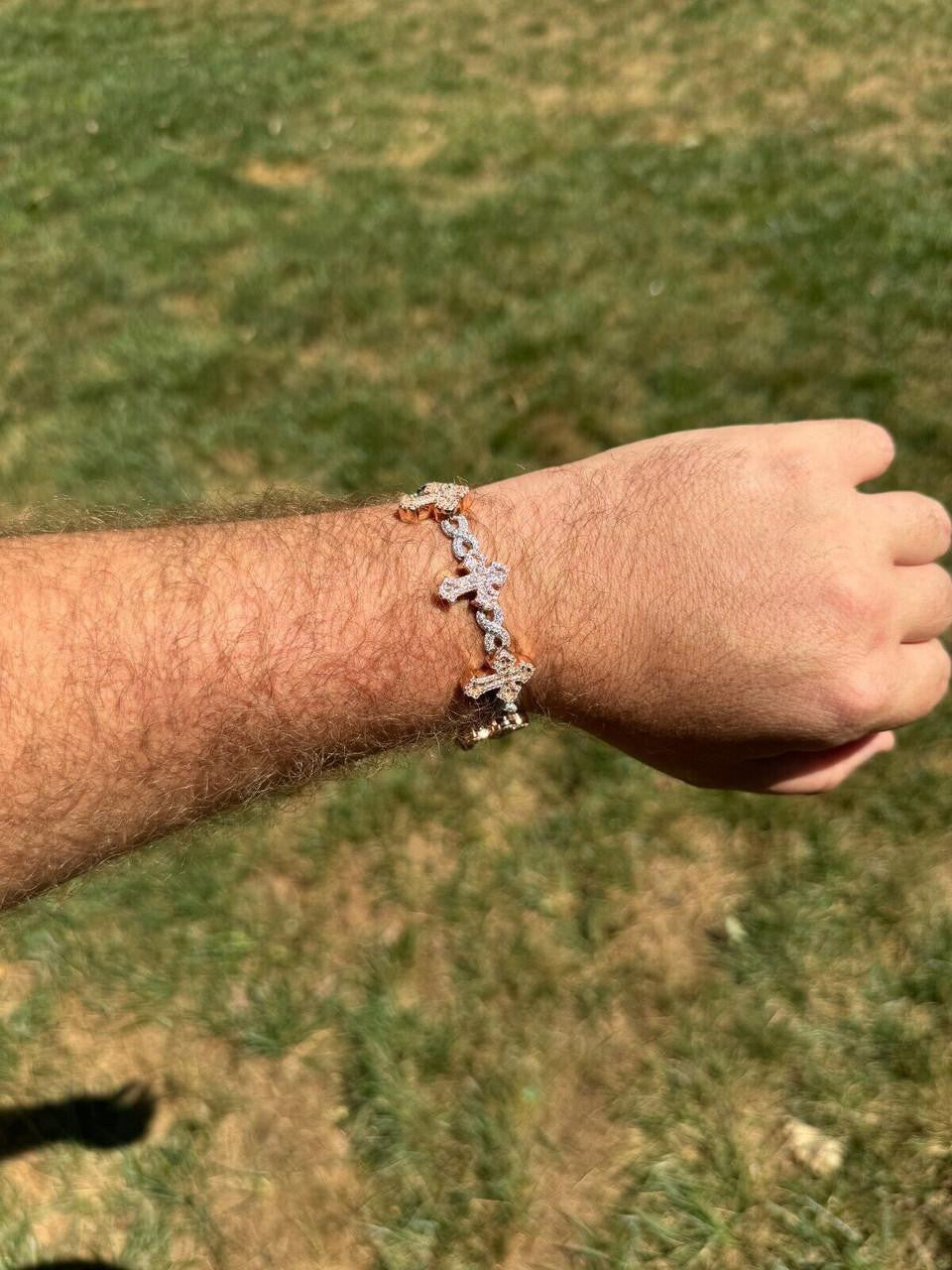 MOISSANITE Eternity Gothic Cross Link Bracelet Iced Out - 14k Rose Gold Vermeil & 925 Silver - 20mm - 6.25"-8.25"