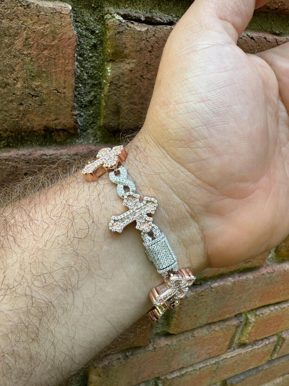 MOISSANITE Eternity Gothic Cross Link Bracelet Iced Out - 14k Rose Gold Vermeil & 925 Silver - 20mm - 6.25"-8.25"