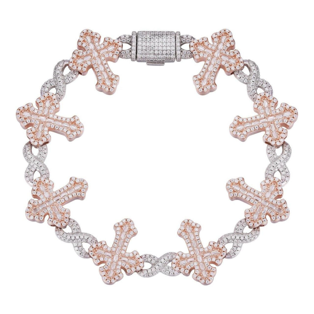 MOISSANITE Eternity Gothic Cross Link Bracelet Iced Out - 14k Rose Gold Vermeil & 925 Silver - 20mm - 6.25"-8.25"