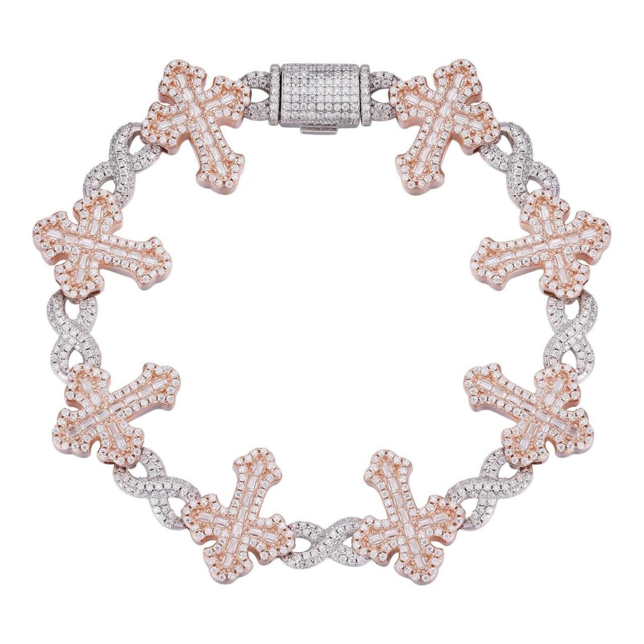 MOISSANITE Eternity Gothic Cross Link Bracelet Iced Out - 14k Rose Gold Vermeil & 925 Silver - 20mm - 6.25"-8.25"