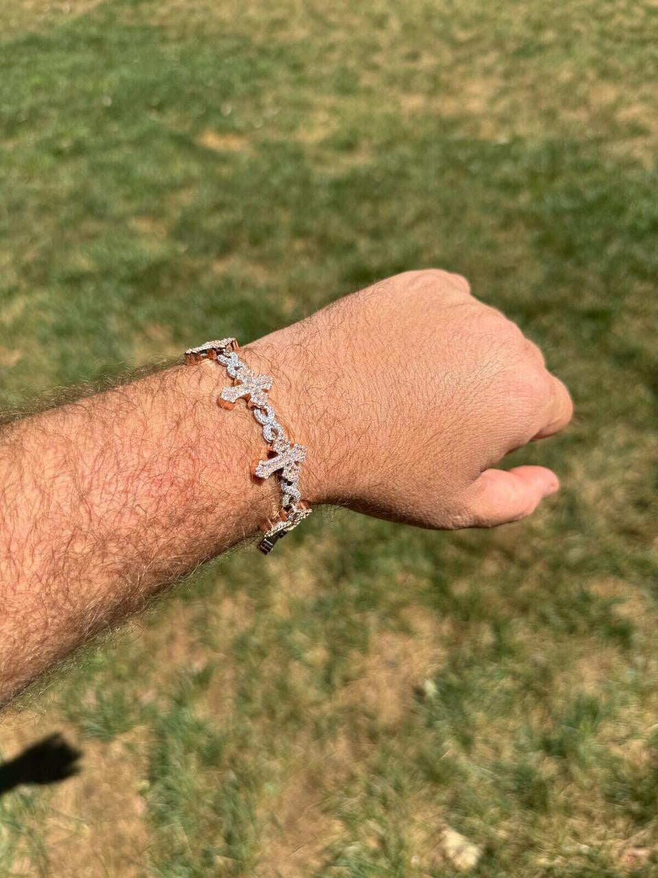 MOISSANITE Eternity Gothic Cross Link Bracelet Iced Out - 14k Rose Gold Vermeil & 925 Silver - 20mm - 6.25"-8.25"