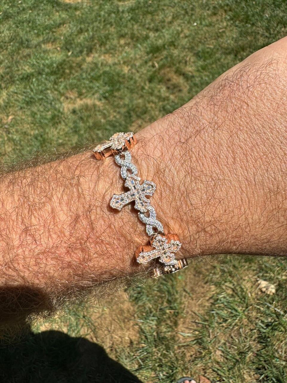 MOISSANITE Eternity Gothic Cross Link Bracelet Iced Out - 14k Rose Gold Vermeil & 925 Silver - 20mm - 6.25"-8.25"
