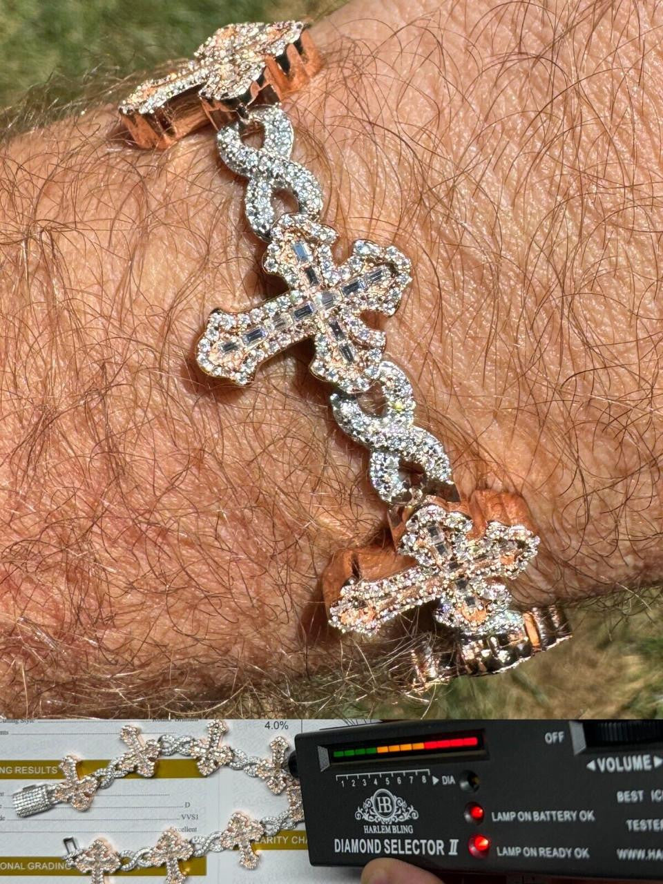 MOISSANITE Eternity Gothic Cross Link Bracelet Iced Out - 14k Rose Gold Vermeil & 925 Silver - 20mm - 6.25"-8.25"