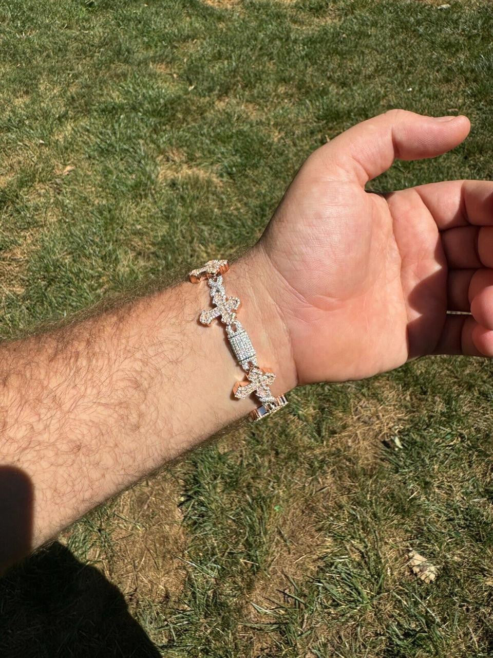 MOISSANITE Eternity Gothic Cross Link Bracelet Iced Out - 14k Rose Gold Vermeil & 925 Silver - 20mm - 6.25"-8.25"