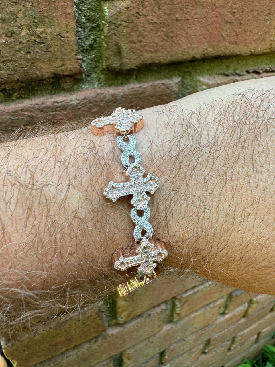 MOISSANITE Eternity Gothic Cross Link Bracelet Iced Out - 14k Rose Gold Vermeil & 925 Silver - 20mm - 6.25"-8.25"