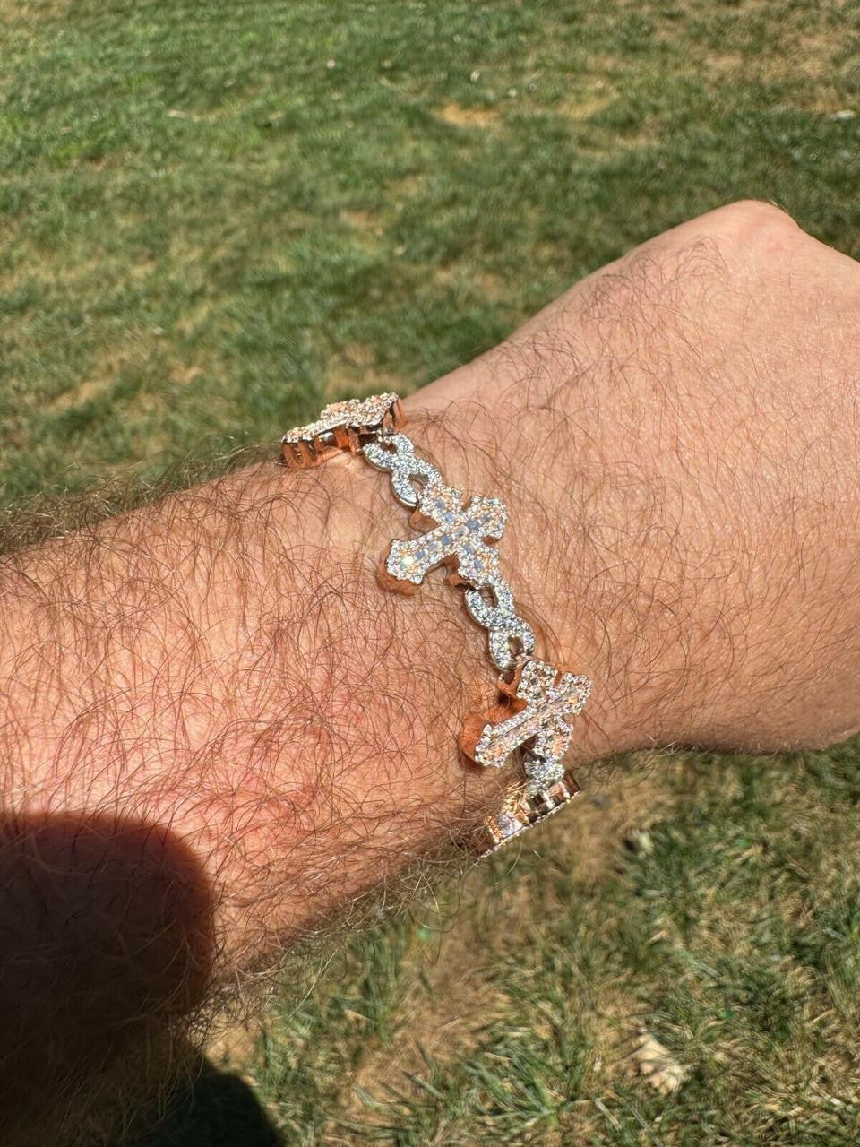 MOISSANITE Eternity Gothic Cross Link Bracelet Iced Out - 14k Rose Gold Vermeil & 925 Silver - 20mm - 6.25"-8.25"
