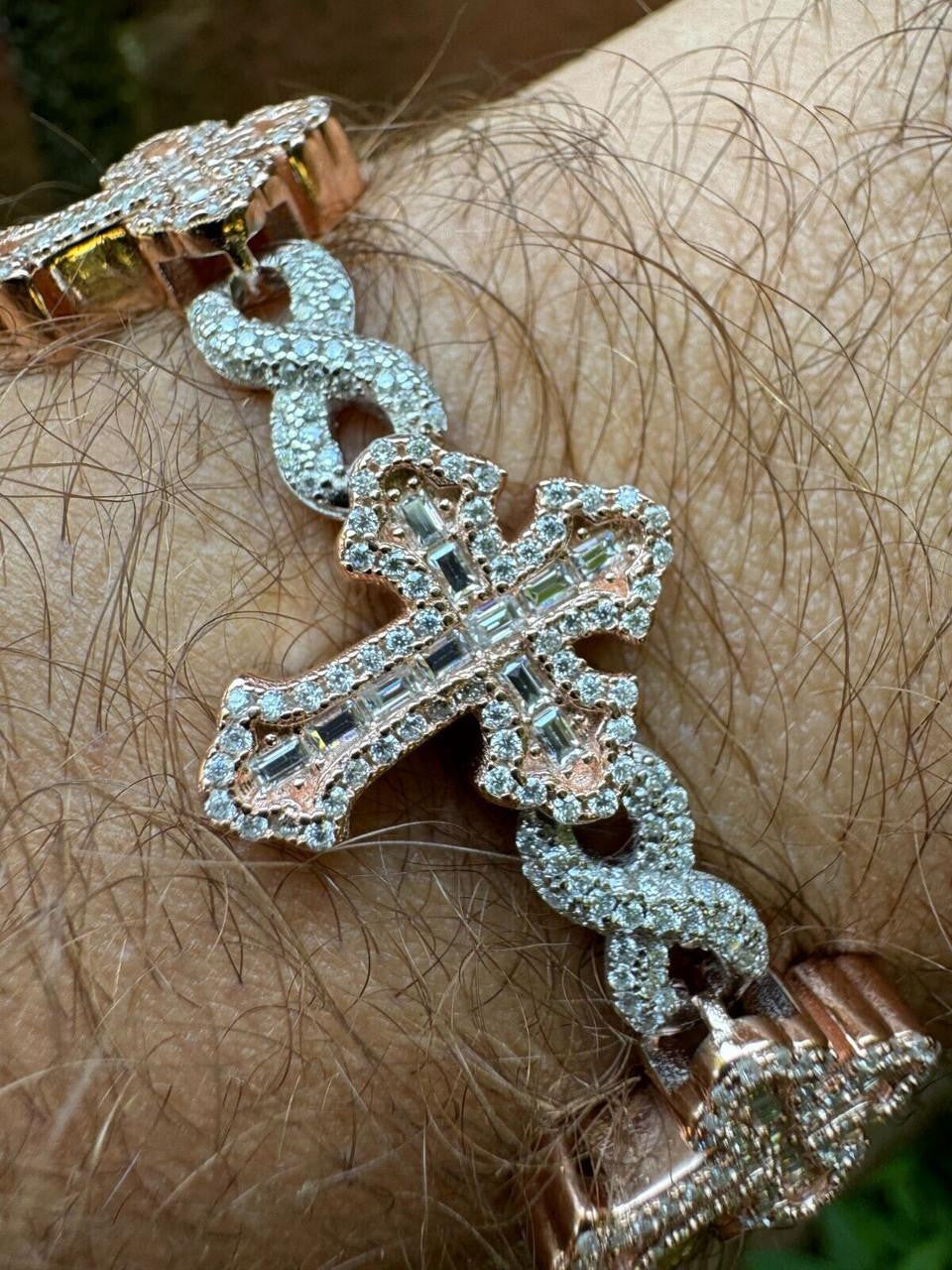 MOISSANITE Eternity Gothic Cross Link Bracelet Iced Out - 14k Rose Gold Vermeil & 925 Silver - 20mm - 6.25"-8.25"