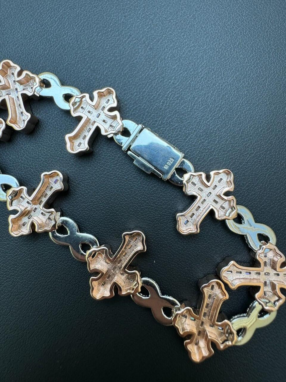 MOISSANITE Eternity Gothic Cross Link Bracelet Iced Out - 14k Rose Gold Vermeil & 925 Silver - 20mm - 6.25"-8.25"